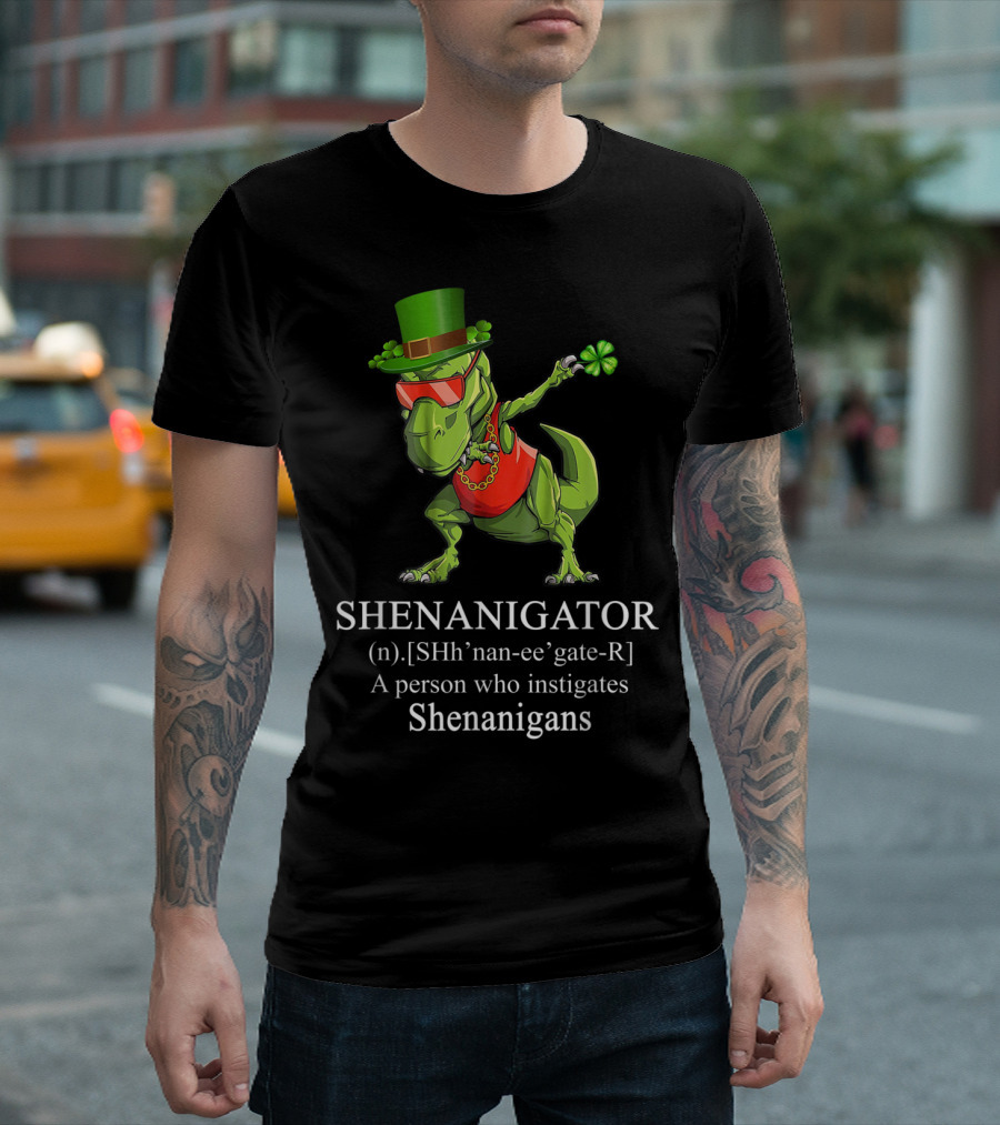 Shenanigator Dabbing Dinosaur Rex with Shamrock and Leprechaun Hat T-Shirt