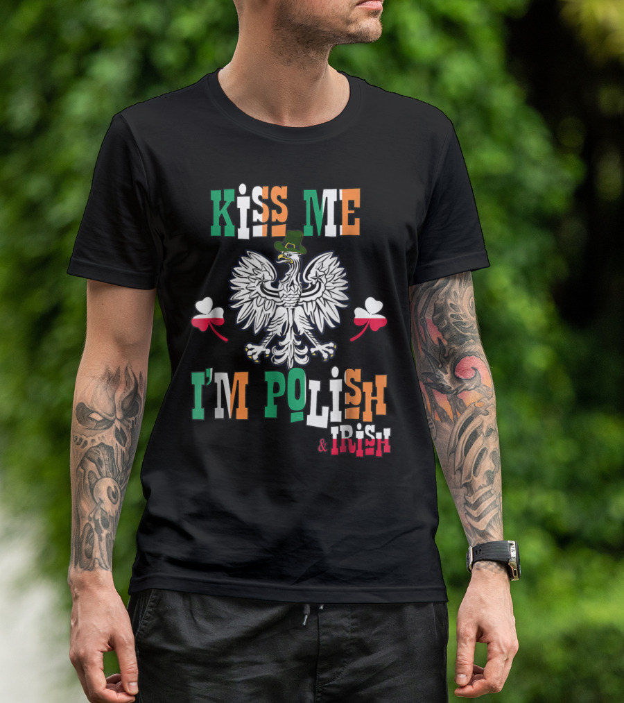Kiss Me I'm Polish And Irish Eagle With Clover Hat Flag T-Shirt
