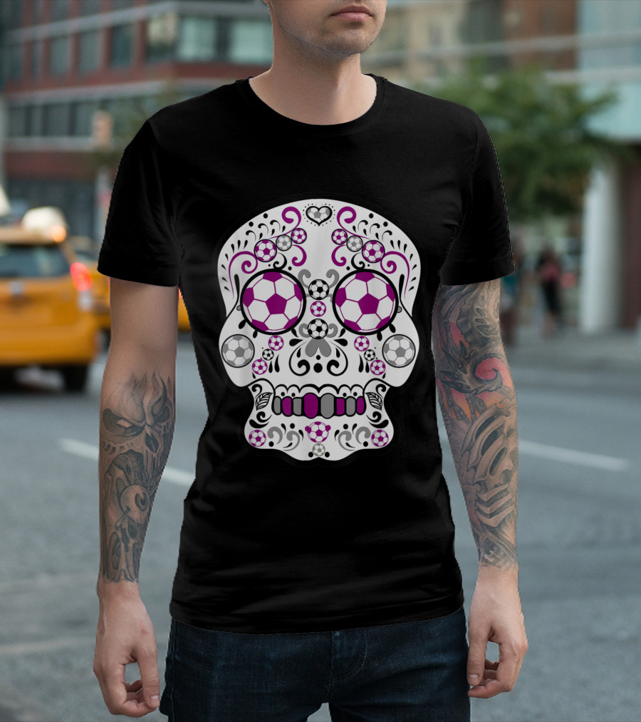 Maroon And Grey Soccer Day Of The Dead Sugar Skull T-Shirt