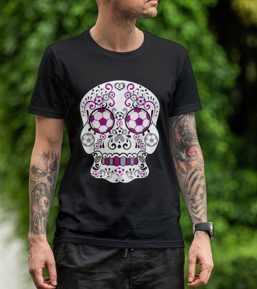 Maroon And Grey Soccer Day Of The Dead Sugar Skull T-Shirt