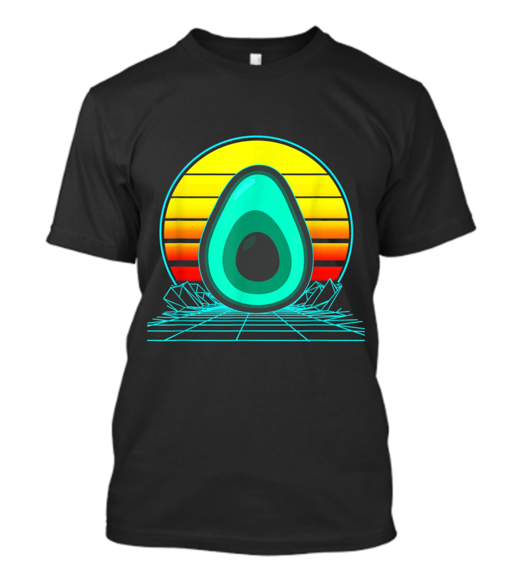 Retro Avocado Vaporwave Sunset With Grid And Mountains T-Shirt