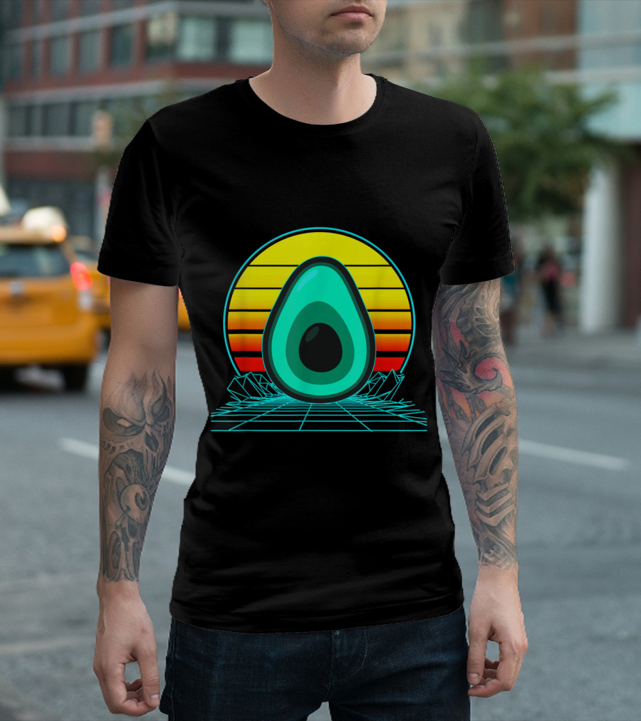 Retro Avocado Vaporwave Sunset With Grid And Mountains T-Shirt