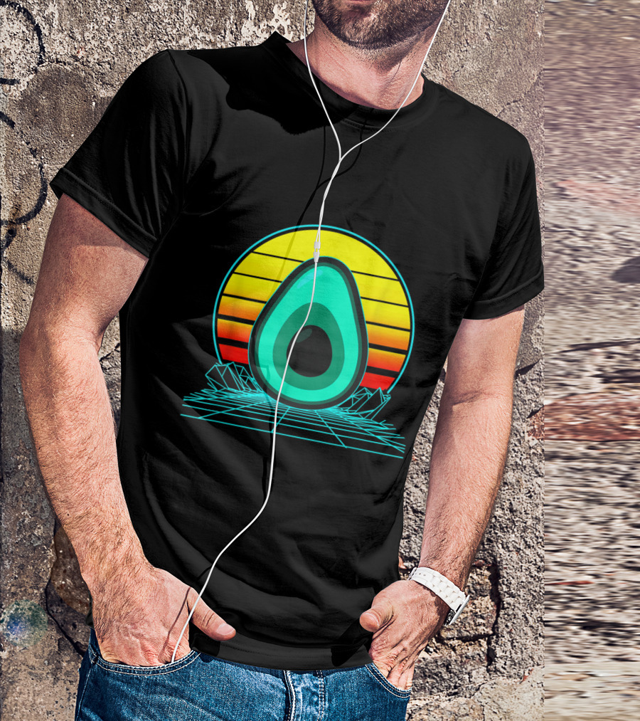 Retro Avocado Vaporwave Sunset With Grid And Mountains T-Shirt