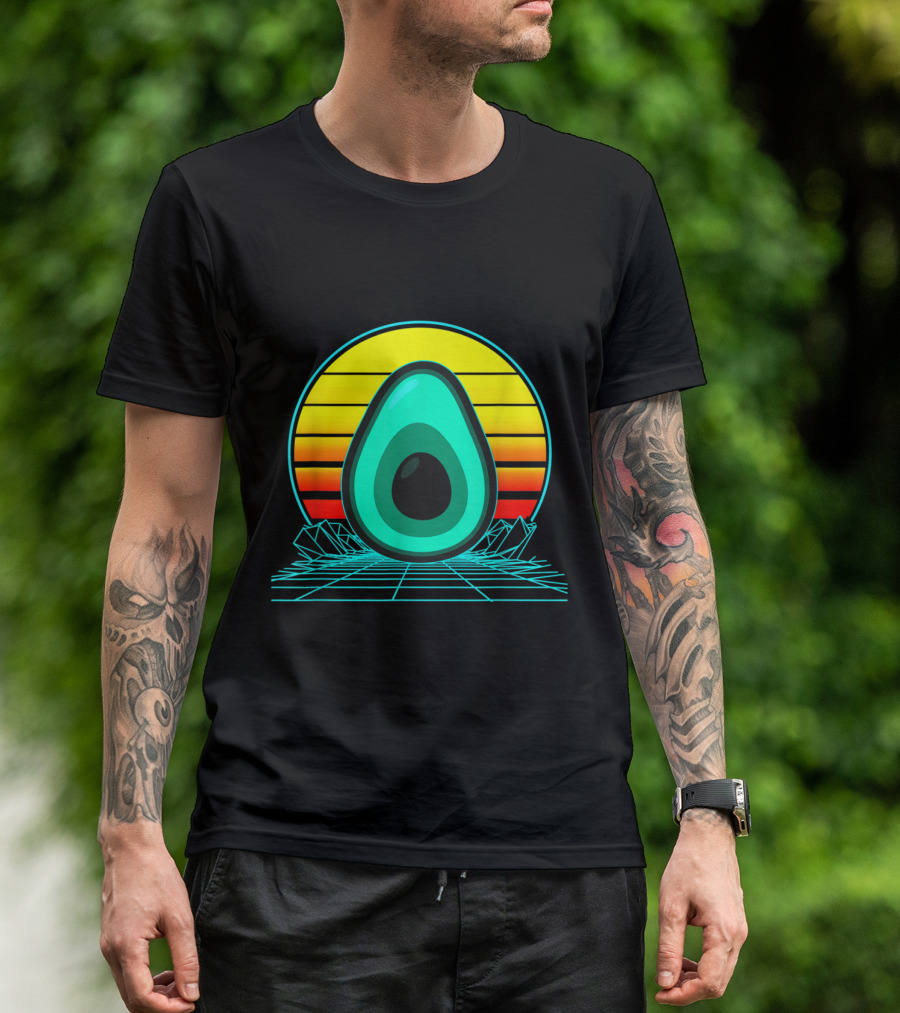Retro Avocado Vaporwave Sunset With Grid And Mountains T-Shirt