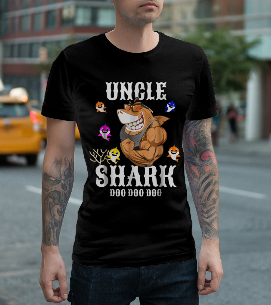 UNCLE SHARK DOO DOO DOO Funny Cartoon Parody with Sunglasses and Baby Sharks T-Shirt