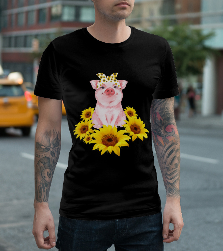 Cute Piggy Sunflower Bandana Tiny Pig Surrounded by Sunflowers T-Shirt