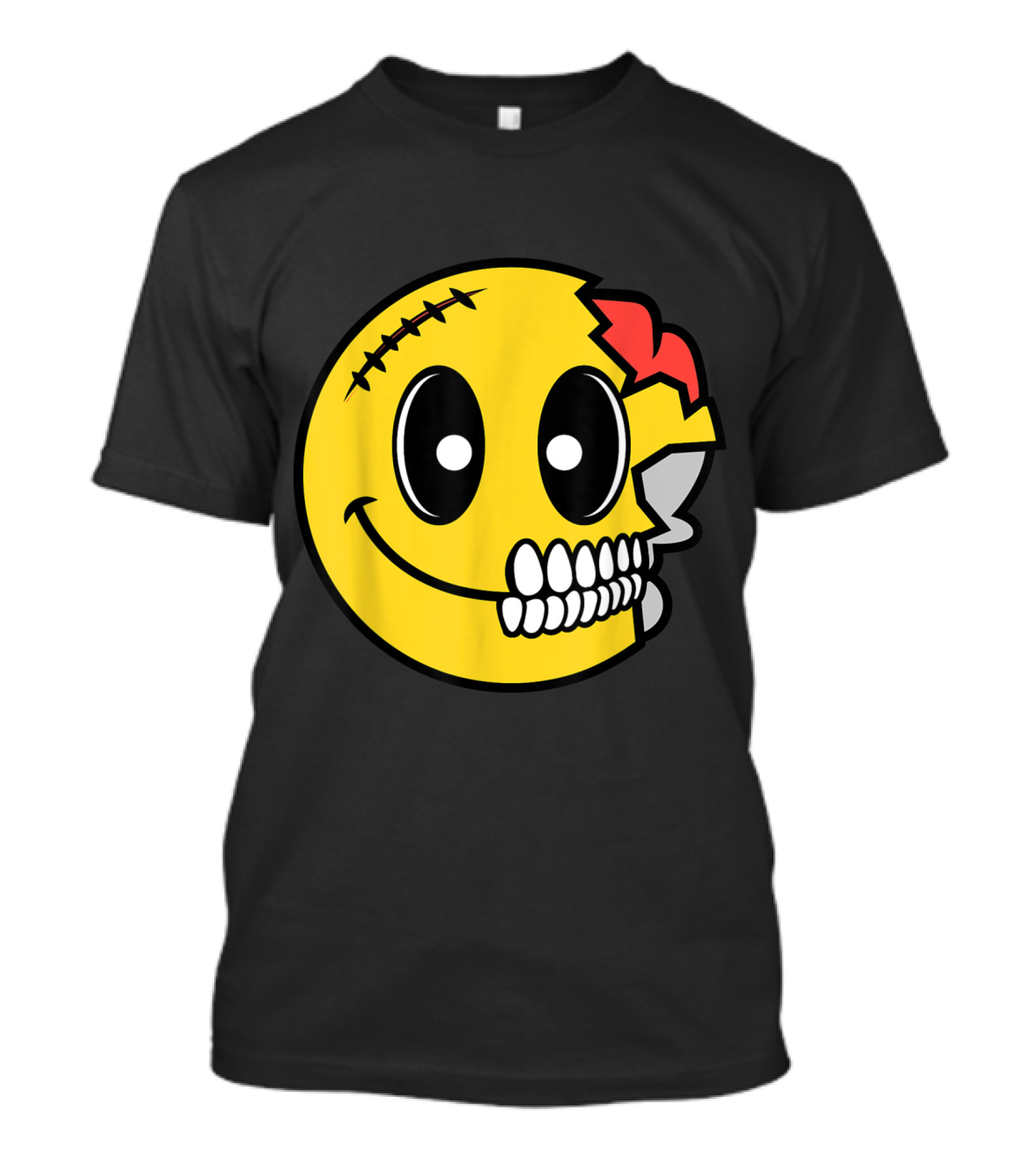 Cute Scary Halloween Smiley Skull Costume Emojis Stitched Face Brain T-Shirt