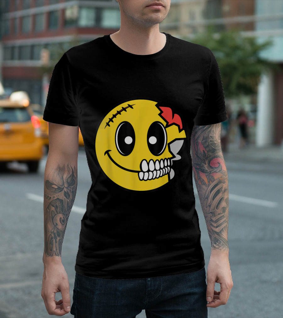 Cute Scary Halloween Smiley Skull Costume Emojis Stitched Face Brain T-Shirt