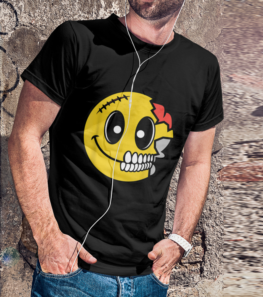 Cute Scary Halloween Smiley Skull Costume Emojis Stitched Face Brain T-Shirt