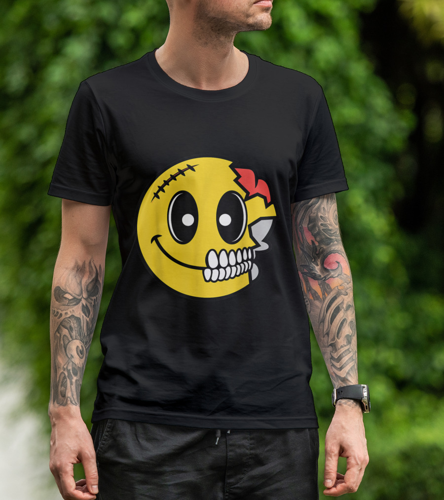 Cute Scary Halloween Smiley Skull Costume Emojis Stitched Face Brain T-Shirt