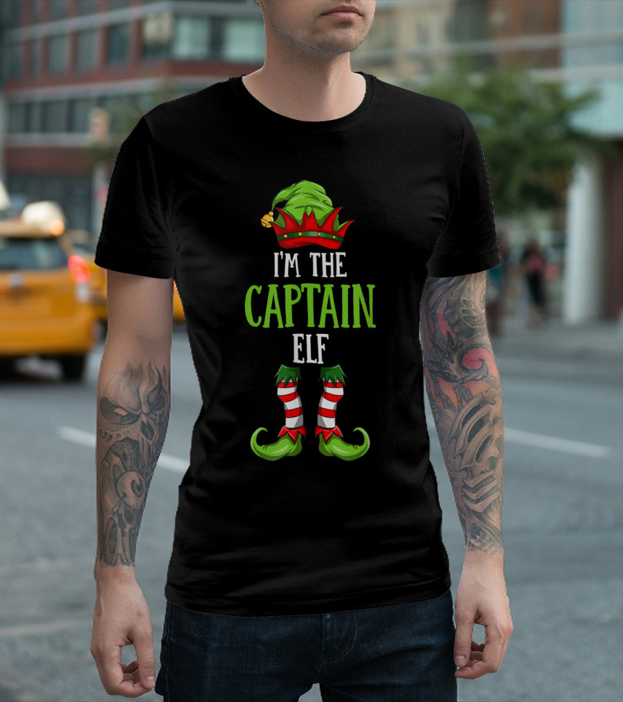 I'm The Captain Elf Christmas Family Elf Green Hat Red Boots T-Shirt