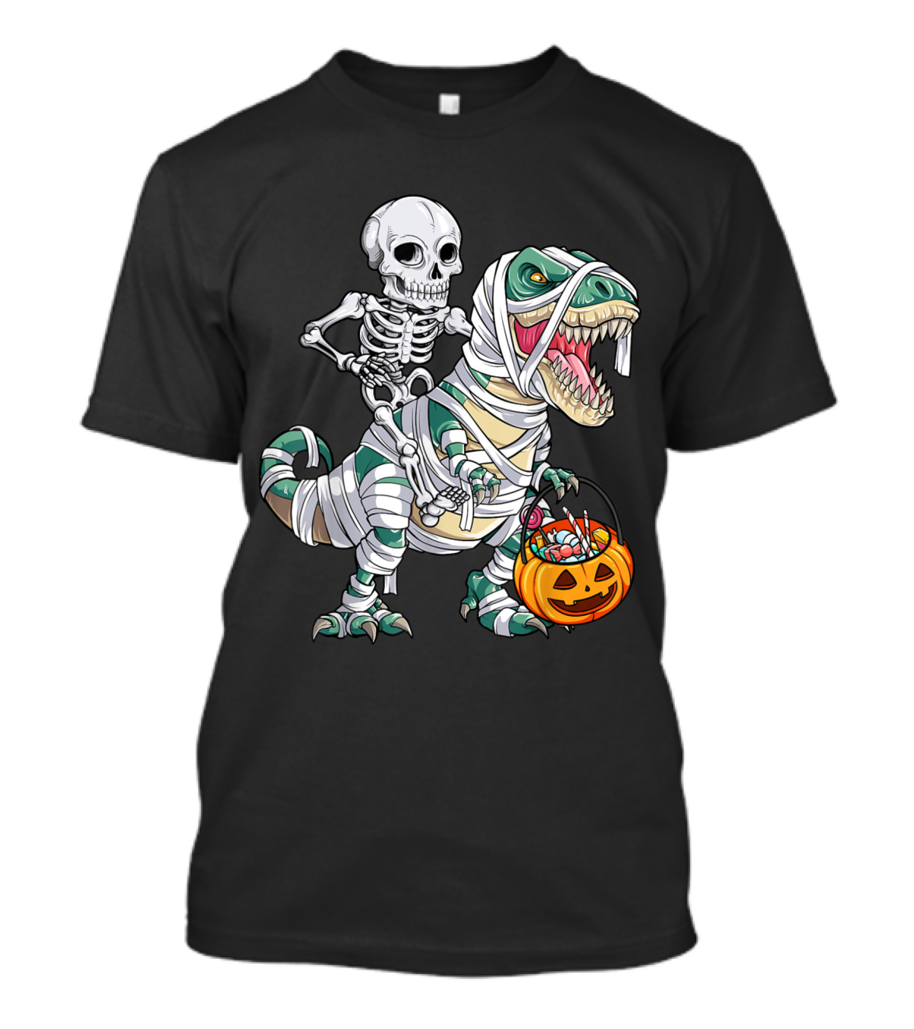 Skeleton On Mummy T-Rex With Pumpkin Basket T-Shirt