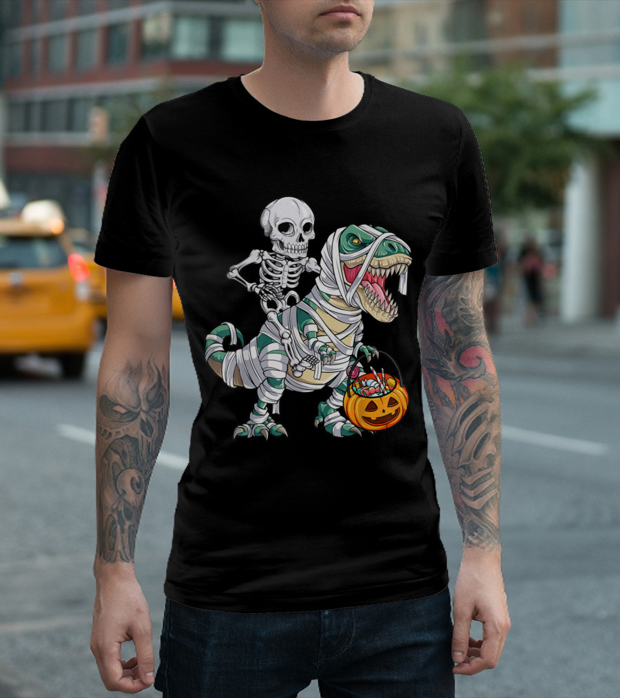 Skeleton On Mummy T-Rex With Pumpkin Basket T-Shirt