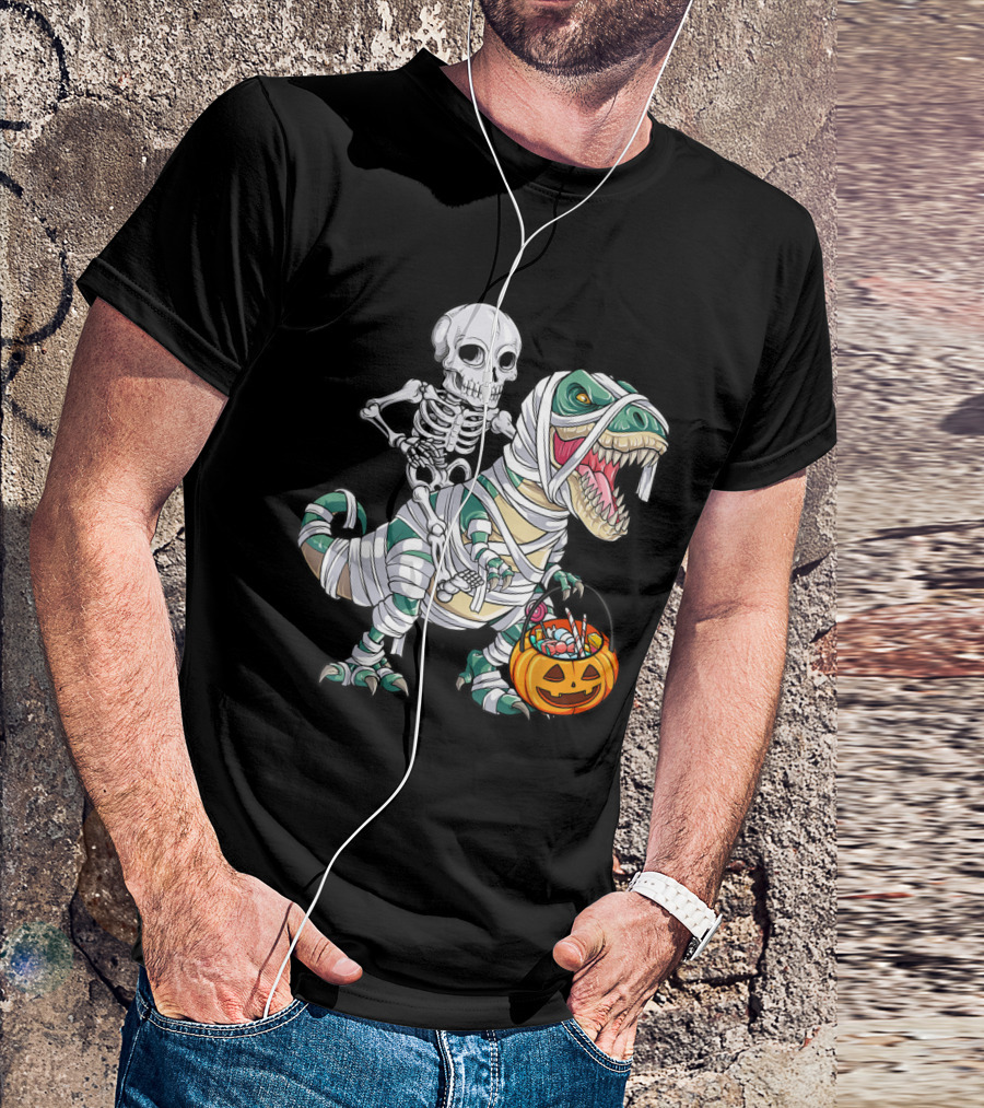 Skeleton On Mummy T-Rex With Pumpkin Basket T-Shirt