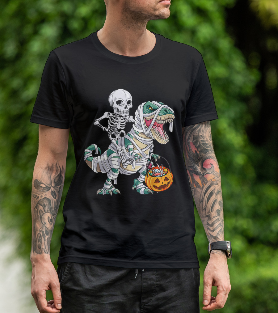 Skeleton On Mummy T-Rex With Pumpkin Basket T-Shirt