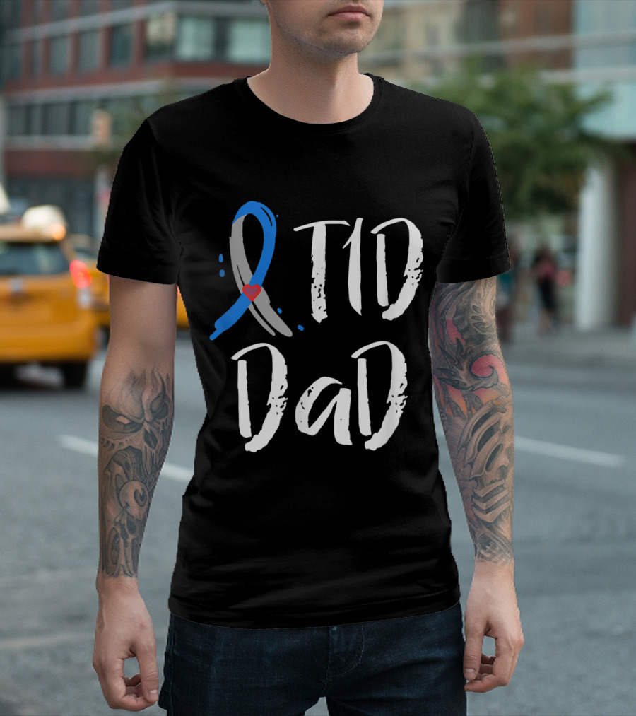 T1D Dad Type 1 Diabetes Awareness Blue Gray Ribbon Heart T-Shirt
