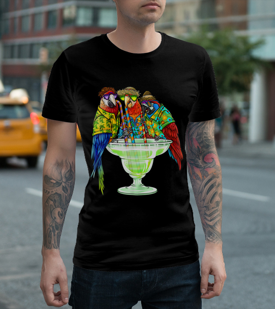 Parrots in Hawaiian Shirts Enjoying Margaritas on Vacation T-Shirt