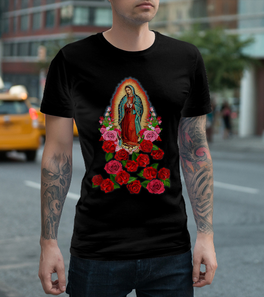 Virgin Mary Our Lady of Guadalupe Surrounded by Roses Catholic Saint T-Shirt