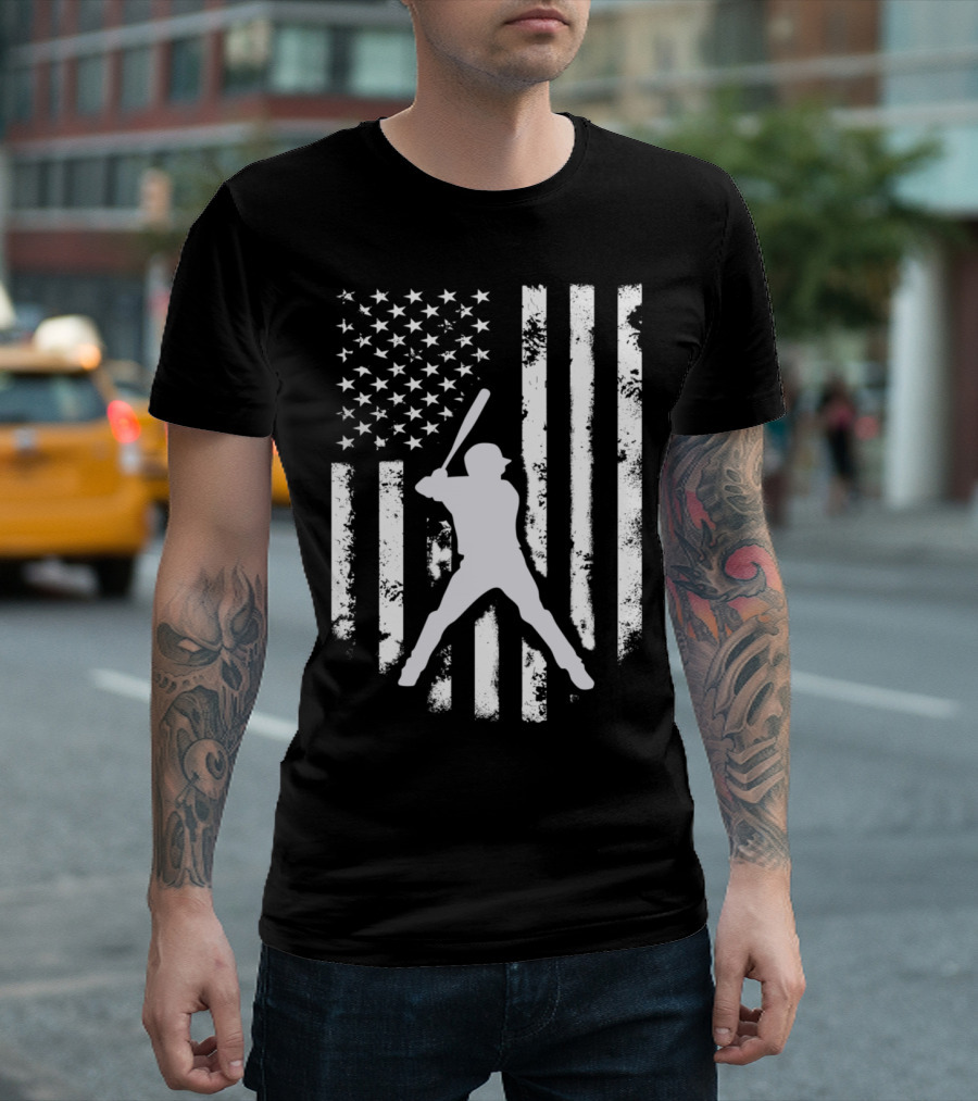 American Flag Baseball Player Distressed USA Hooded Top T-Shirt