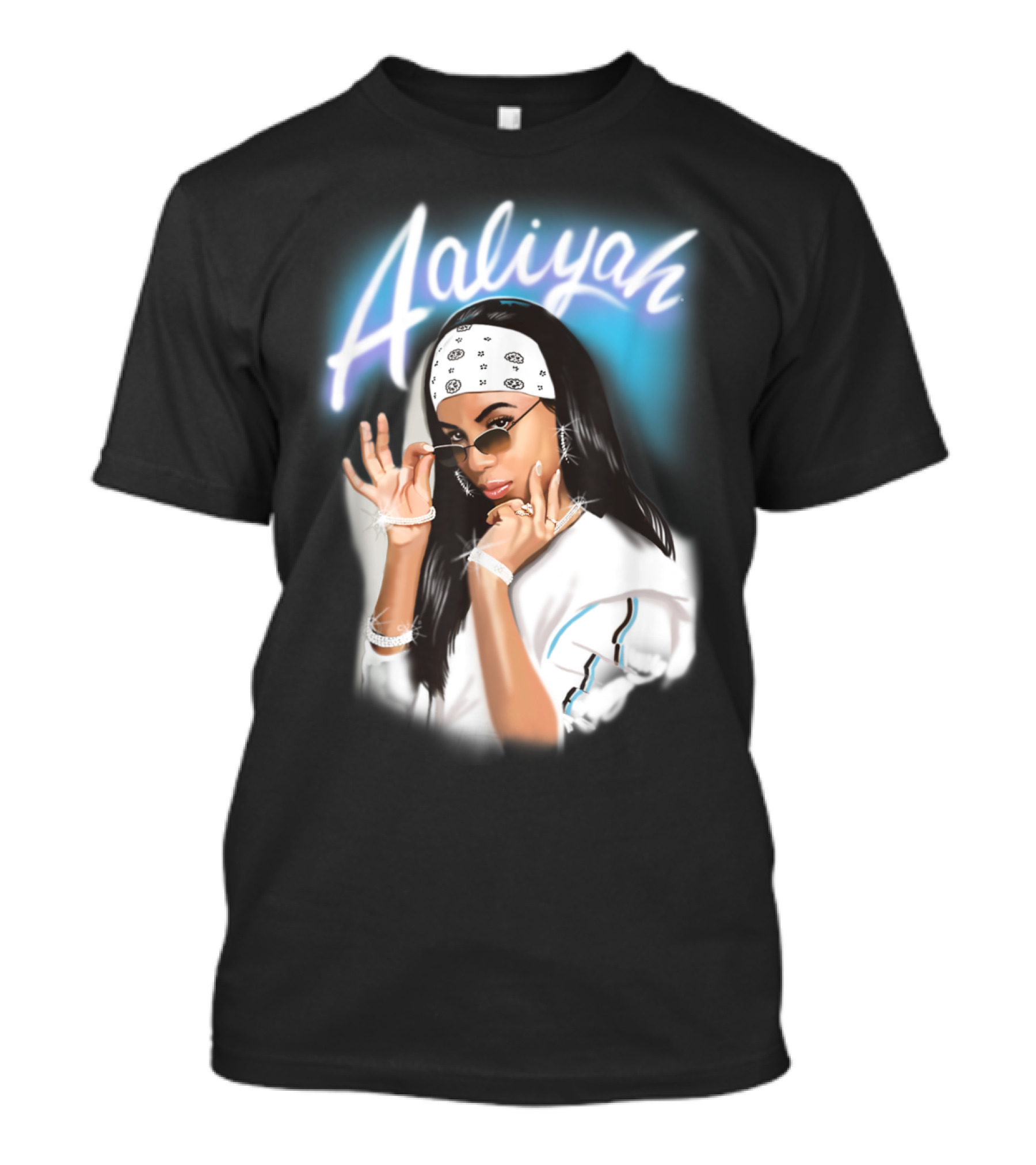 Aaliyah Airbrush Bandana Photo White Outfit Spelled Name Blue Background T-Shirt