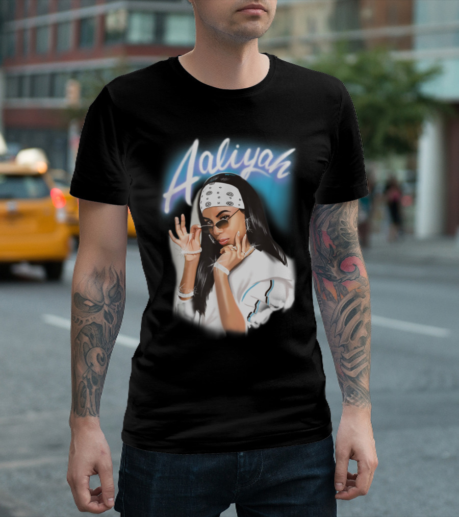 Aaliyah Airbrush Bandana Photo White Outfit Spelled Name Blue Background T-Shirt