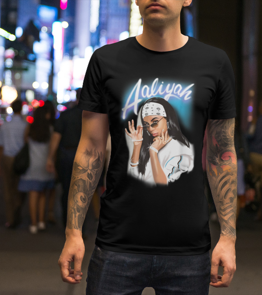 Aaliyah Airbrush Bandana Photo White Outfit Spelled Name Blue Background T-Shirt