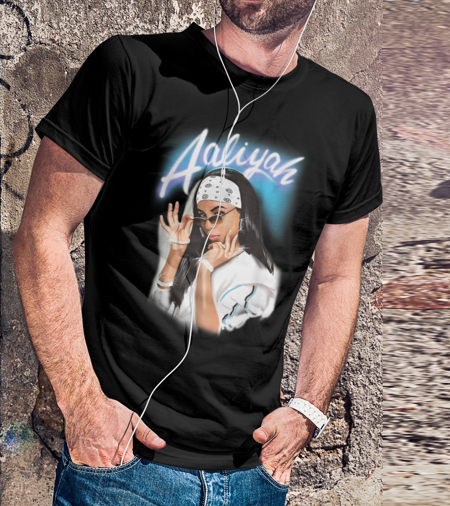 Aaliyah Airbrush Bandana Photo White Outfit Spelled Name Blue Background T-Shirt