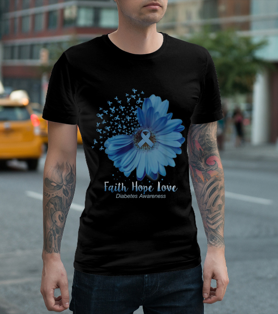 Faith Hope Love Blue Ribbon Sunflower Diabetes Awareness T-Shirt