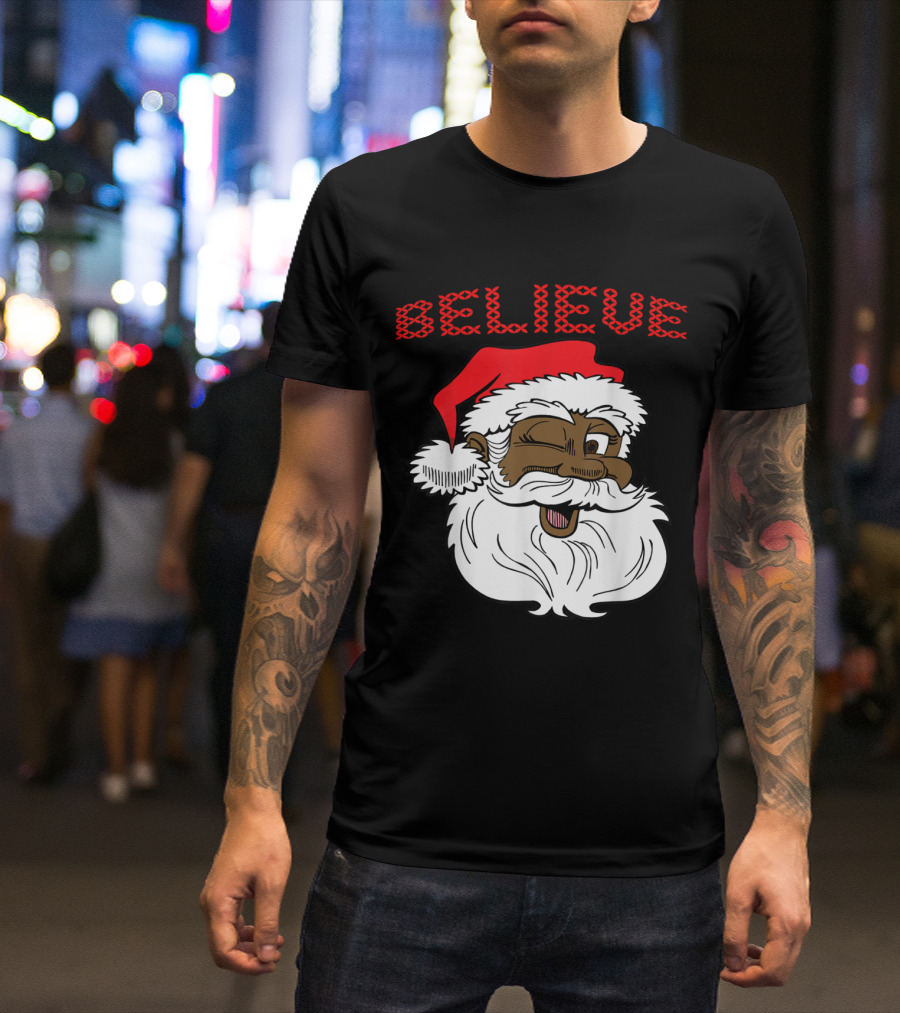 Believe Winking Santa Claus African American Christmas Fun T-Shirt