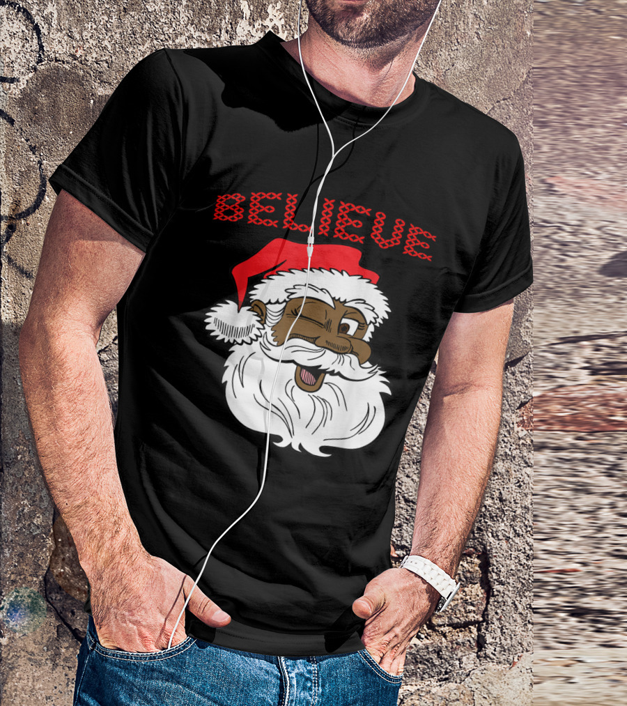 Believe Winking Santa Claus African American Christmas Fun T-Shirt