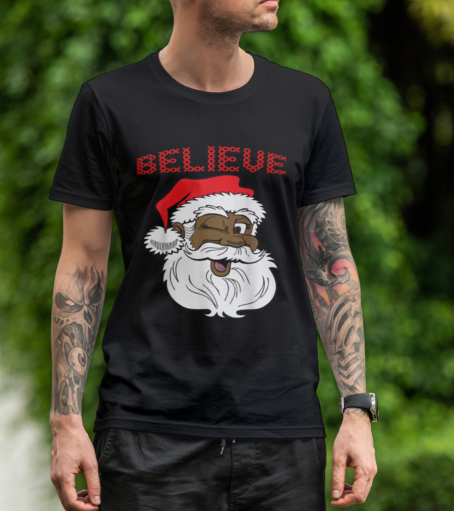 Believe Winking Santa Claus African American Christmas Fun T-Shirt