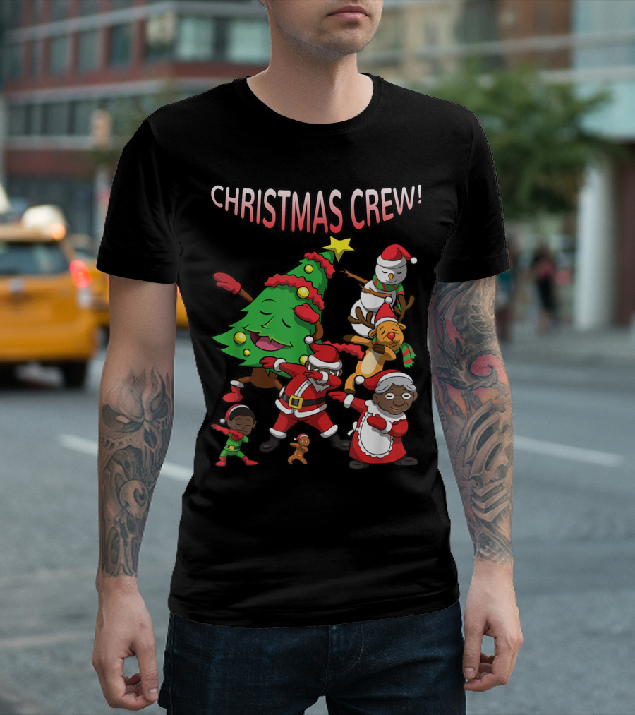Christmas Crew Dancing Black Santa Claus with Tree and Reindeer T-Shirt
