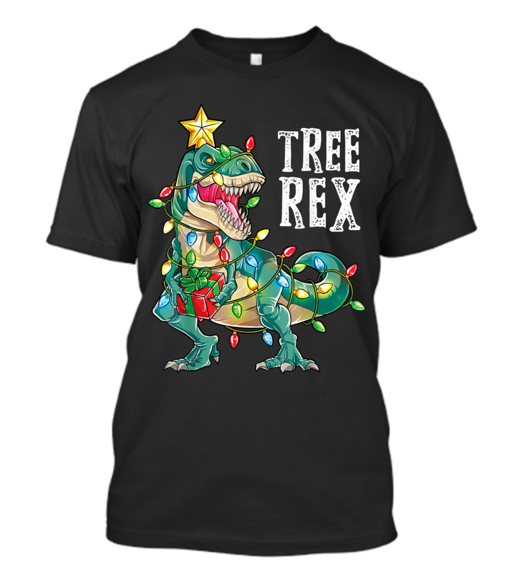 Tree Rex Dinosaur With Christmas Lights And Present T-Shirt