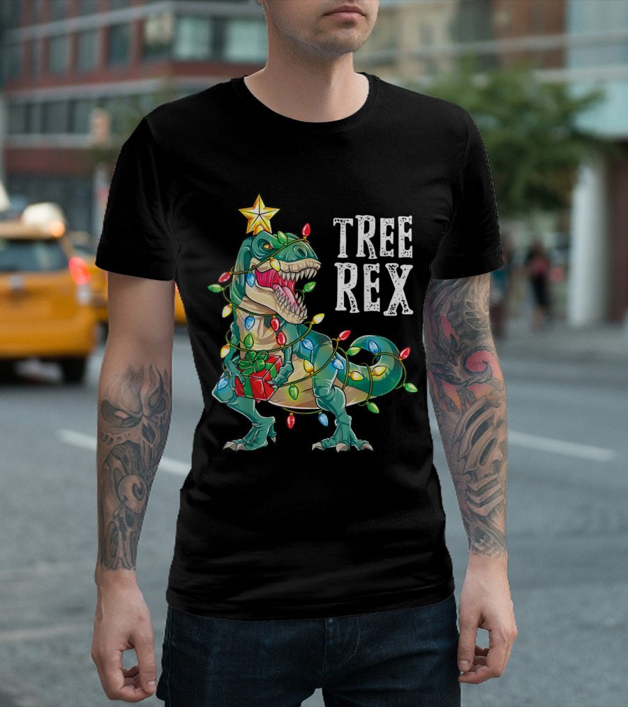Tree Rex Dinosaur With Christmas Lights And Present T-Shirt