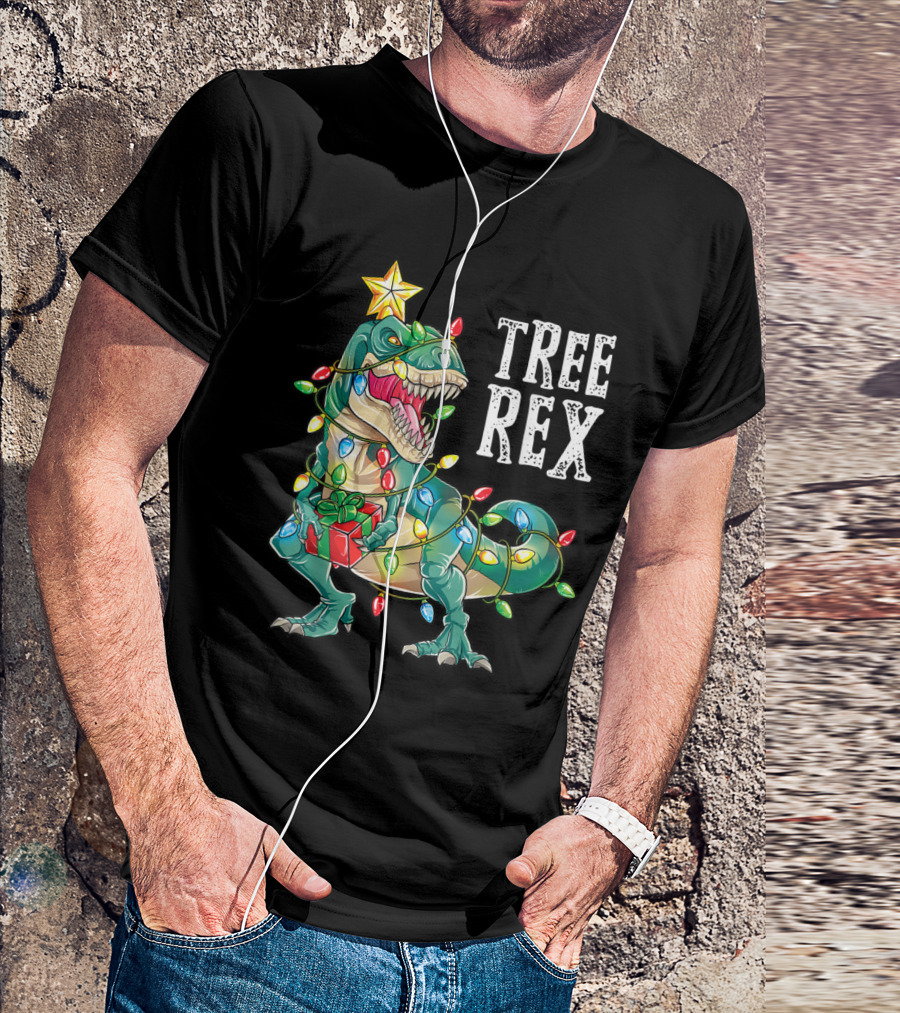 Tree Rex Dinosaur With Christmas Lights And Present T-Shirt