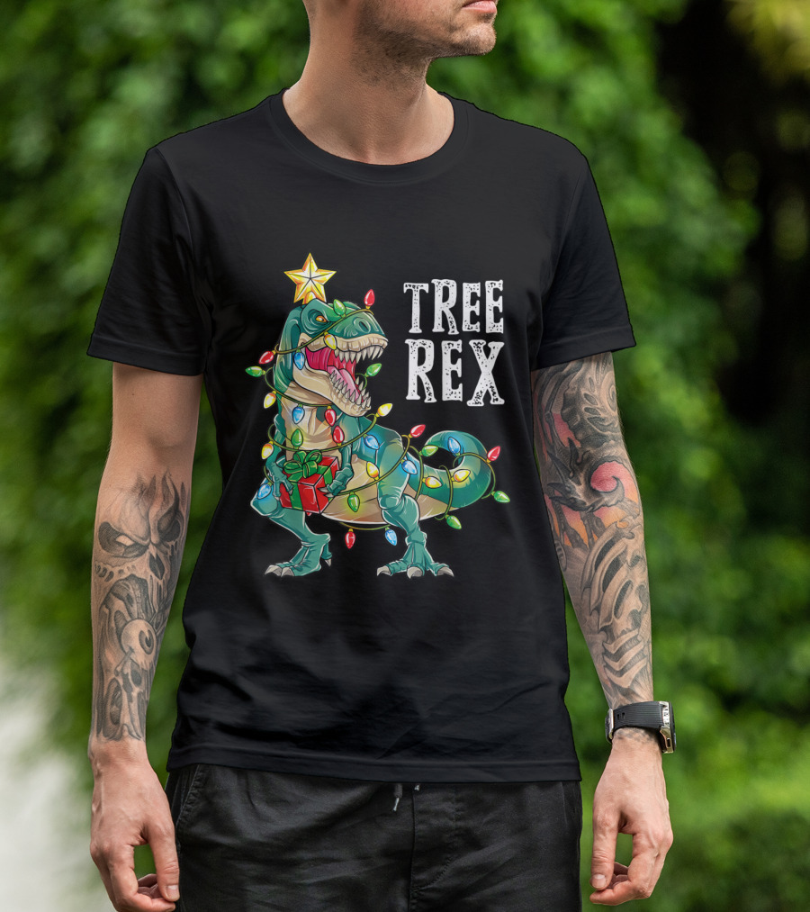 Tree Rex Dinosaur With Christmas Lights And Present T-Shirt