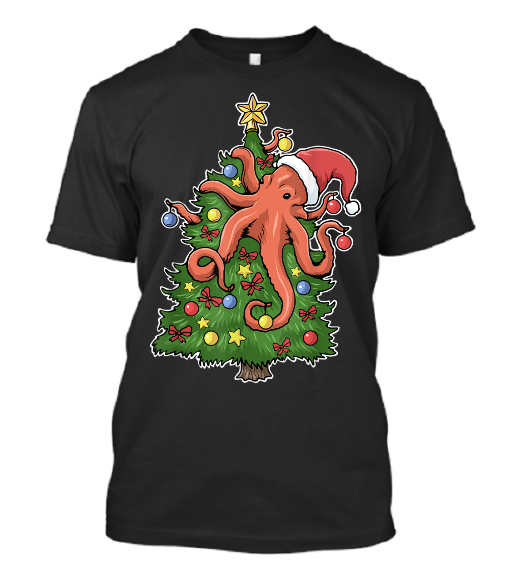 Christmas Octopus Squid Kraken Merry Christmas Tree Santa Hat T-Shirt