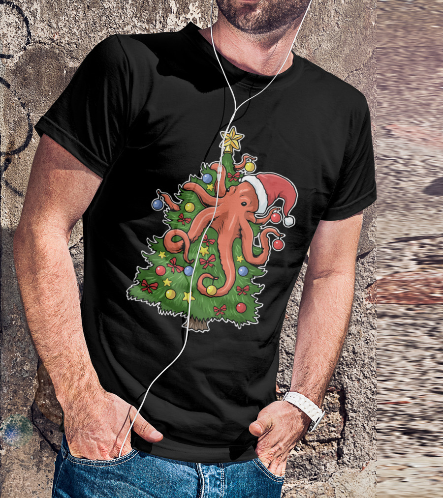Christmas Octopus Squid Kraken Merry Christmas Tree Santa Hat T-Shirt