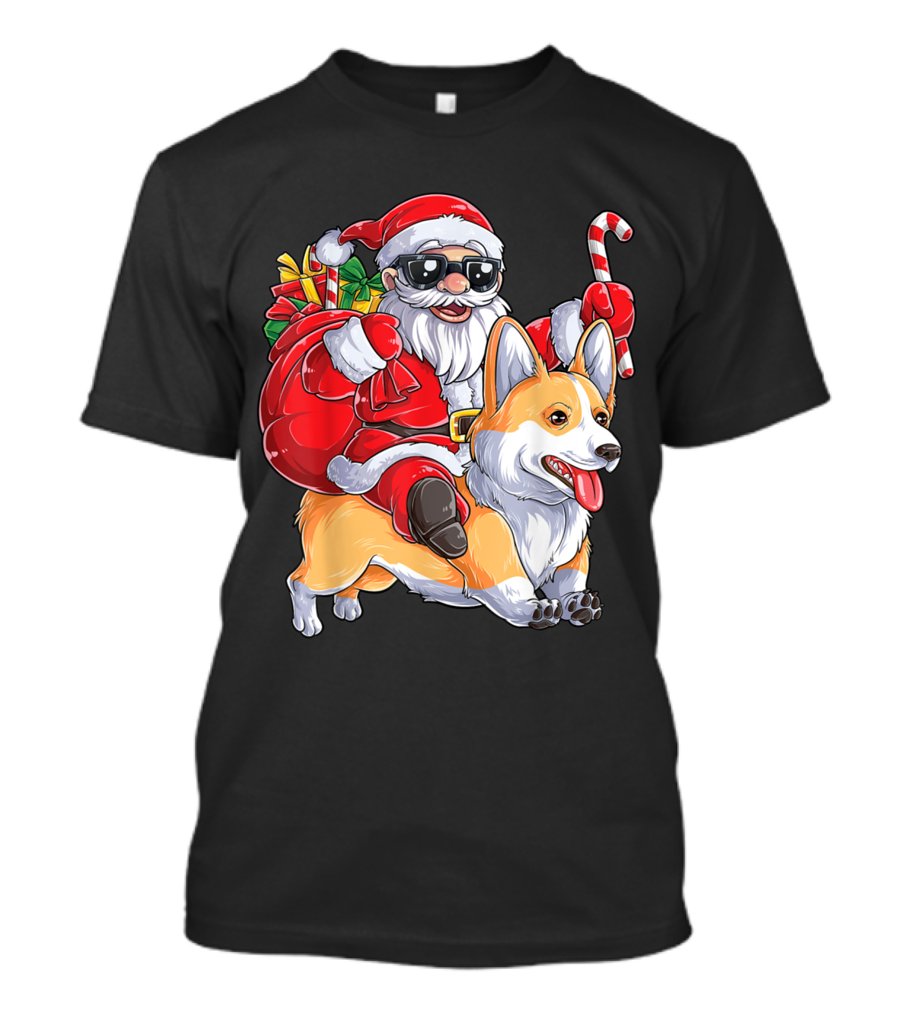 Corgi Christmas Santa Claus Riding With Corgmas Candy Cane T-Shirt
