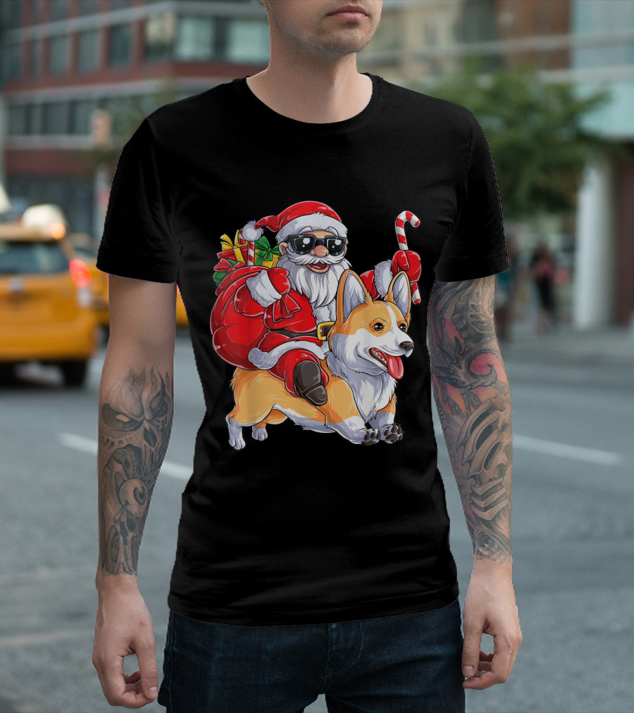 Corgi Christmas Santa Claus Riding With Corgmas Candy Cane T-Shirt