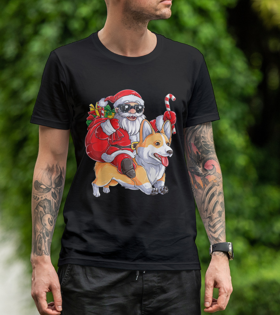 Corgi Christmas Santa Claus Riding With Corgmas Candy Cane T-Shirt