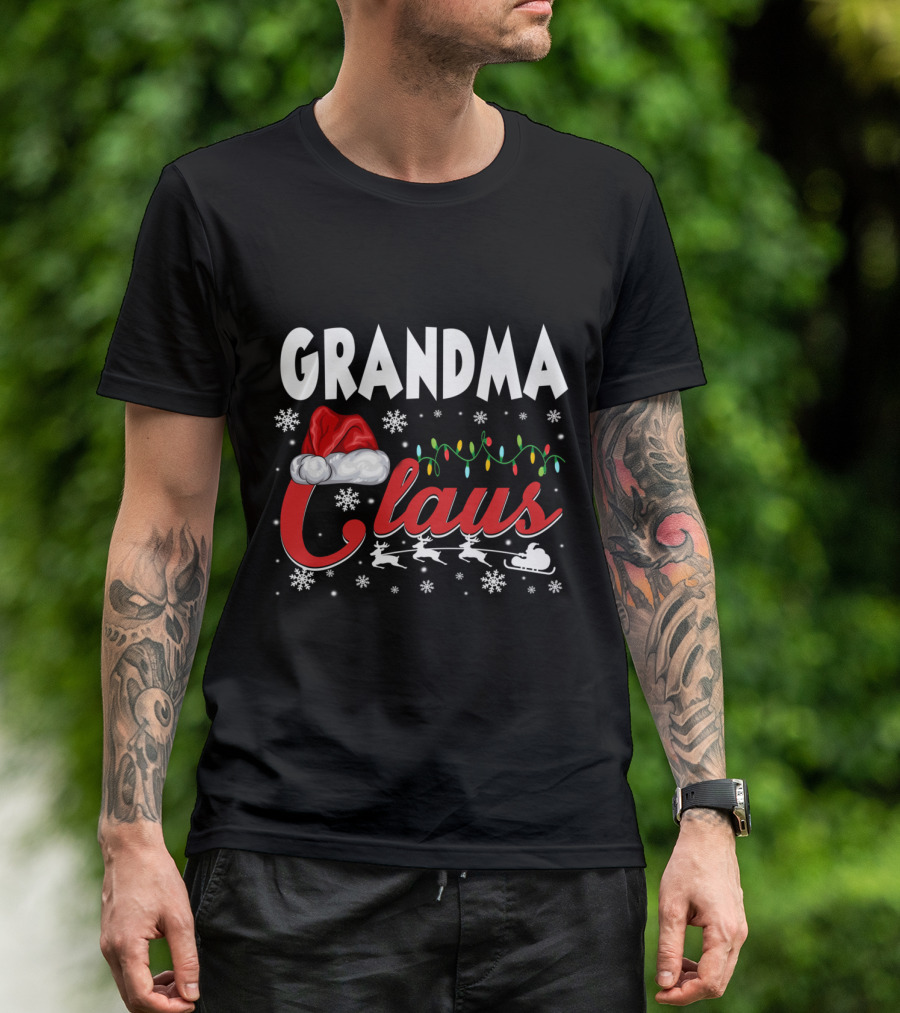 Grandma Claus Christmas Santa Hat Reindeer Lights Snowflakes Matching Family T-Shirt