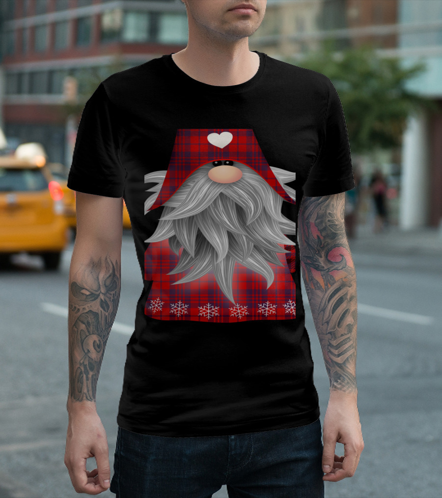 Santa Claus Garden Gnome Merry Christmas Snowflakes Plaid T-Shirt