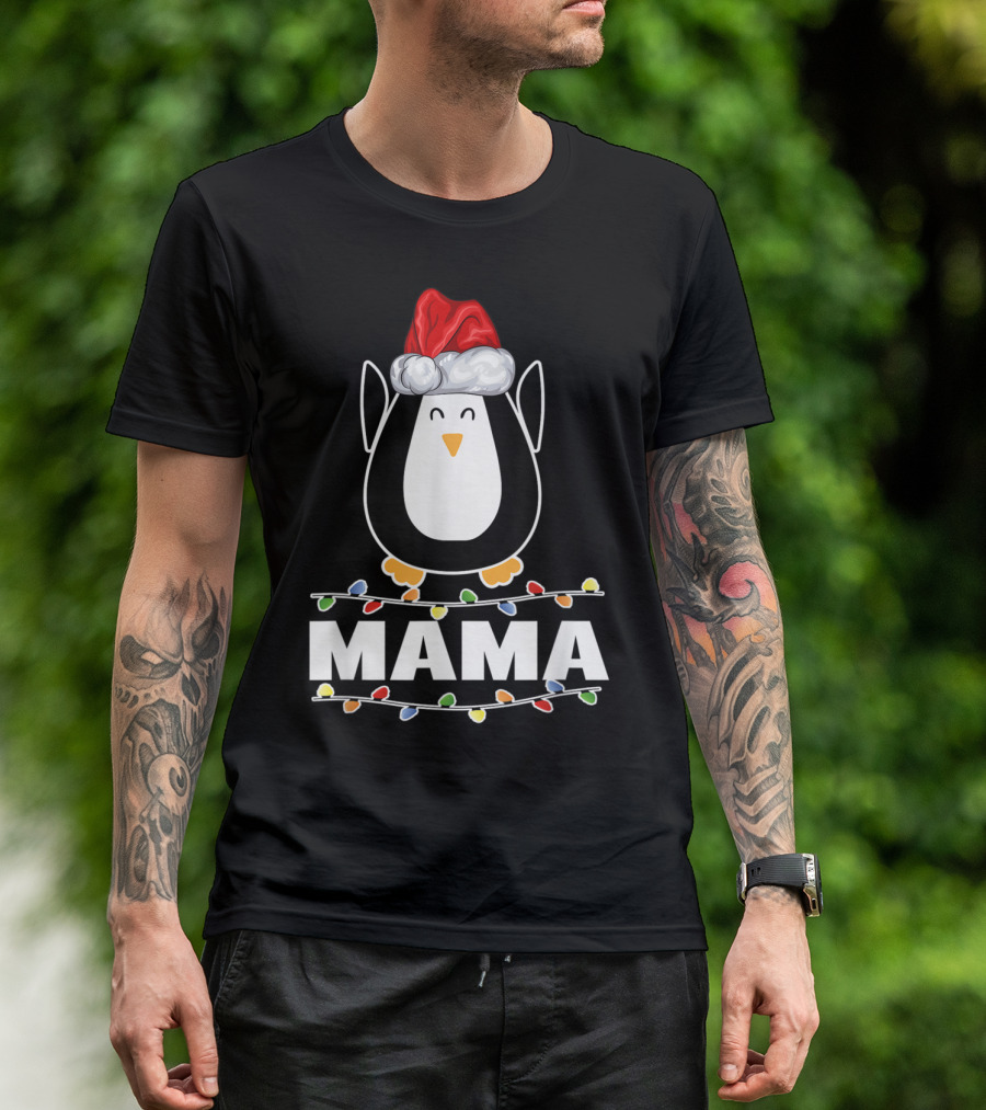 Santa Claus Penguin Mama Christmas Ugly Party Holiday Lights T-Shirt
