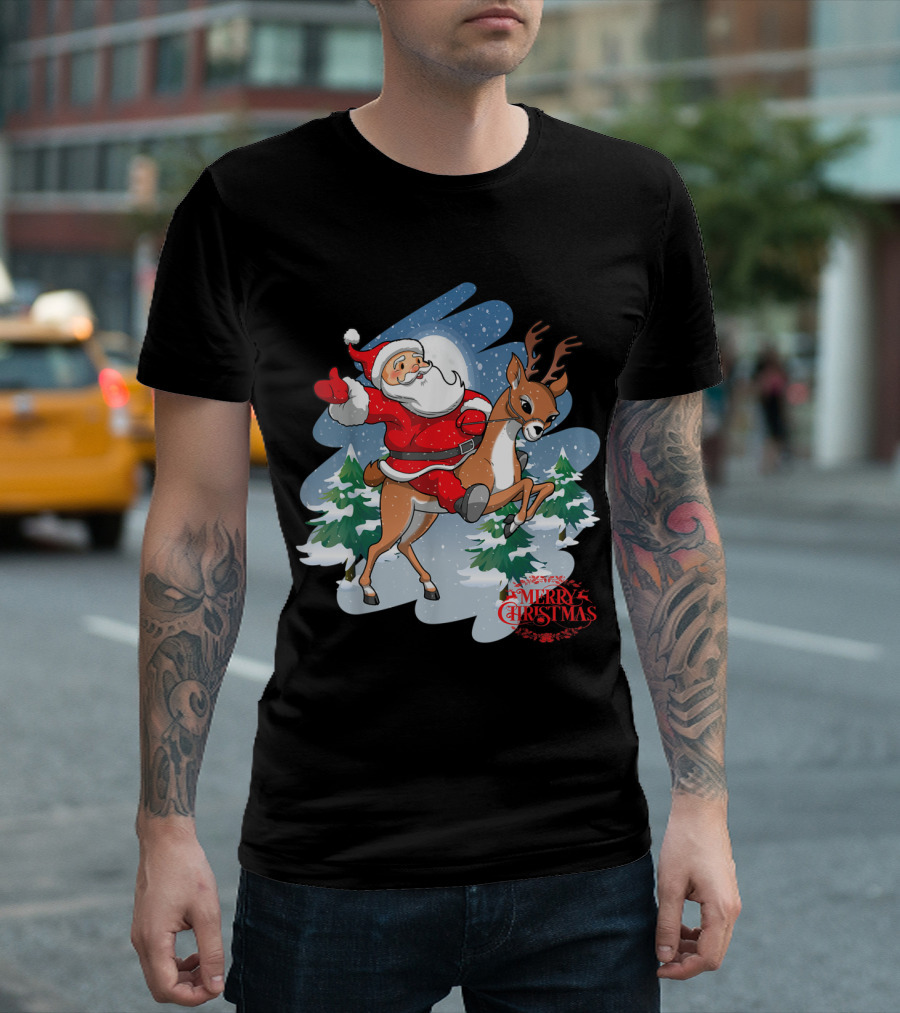 Santa Claus Riding Reindeer Merry Christmas T-Shirt
