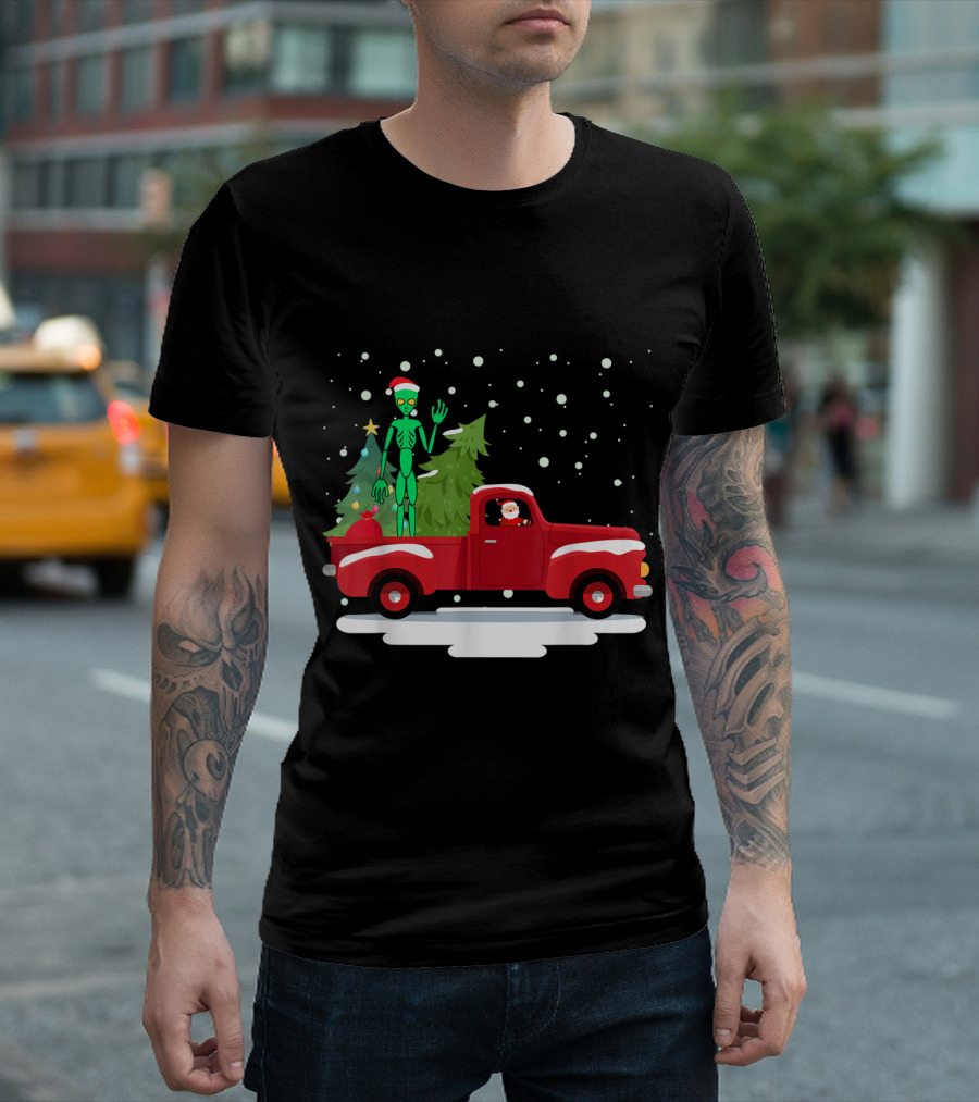 Santa Claus and Alien with Christmas Tree in Snowy Red Truck Scene T-Shirt