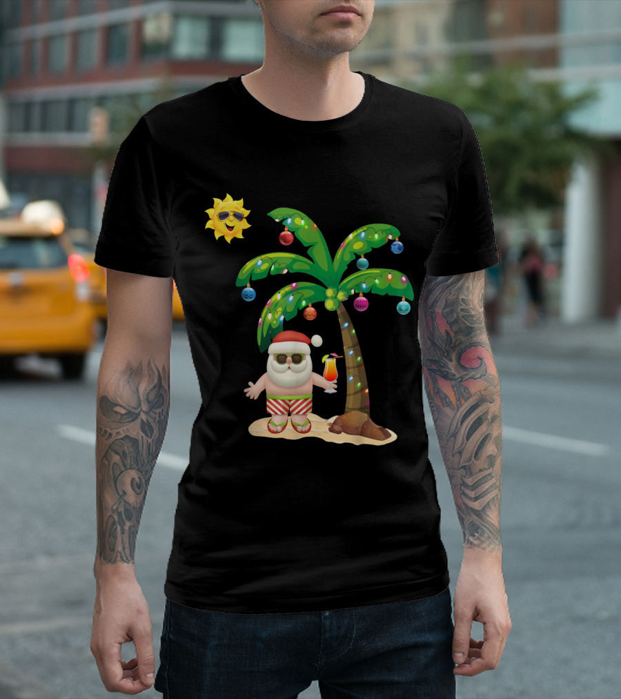 Mele Kalikimaka Aloha Santa Claus Under Palm Tree With Sunglasses Sun T-Shirt
