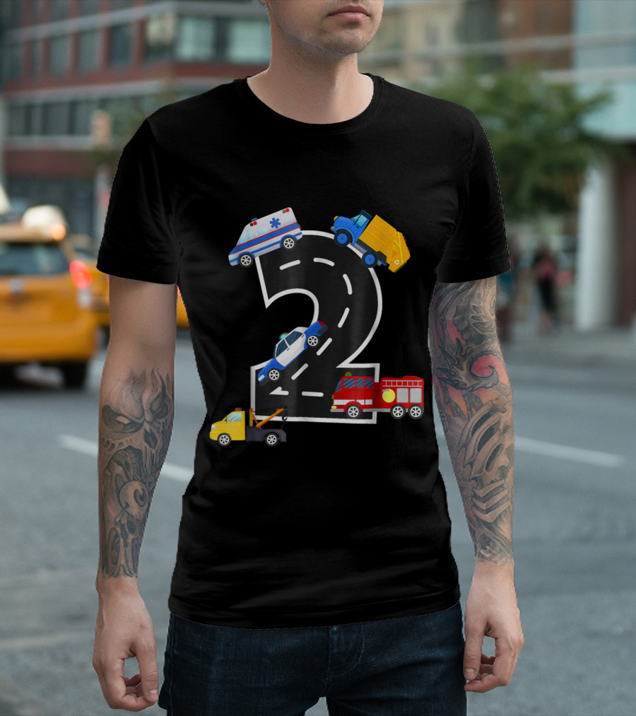 2nd Birthday Boys Fire Truck Police Car Ambulance Garbage Tow Truck 2 Year Old T-Shirt