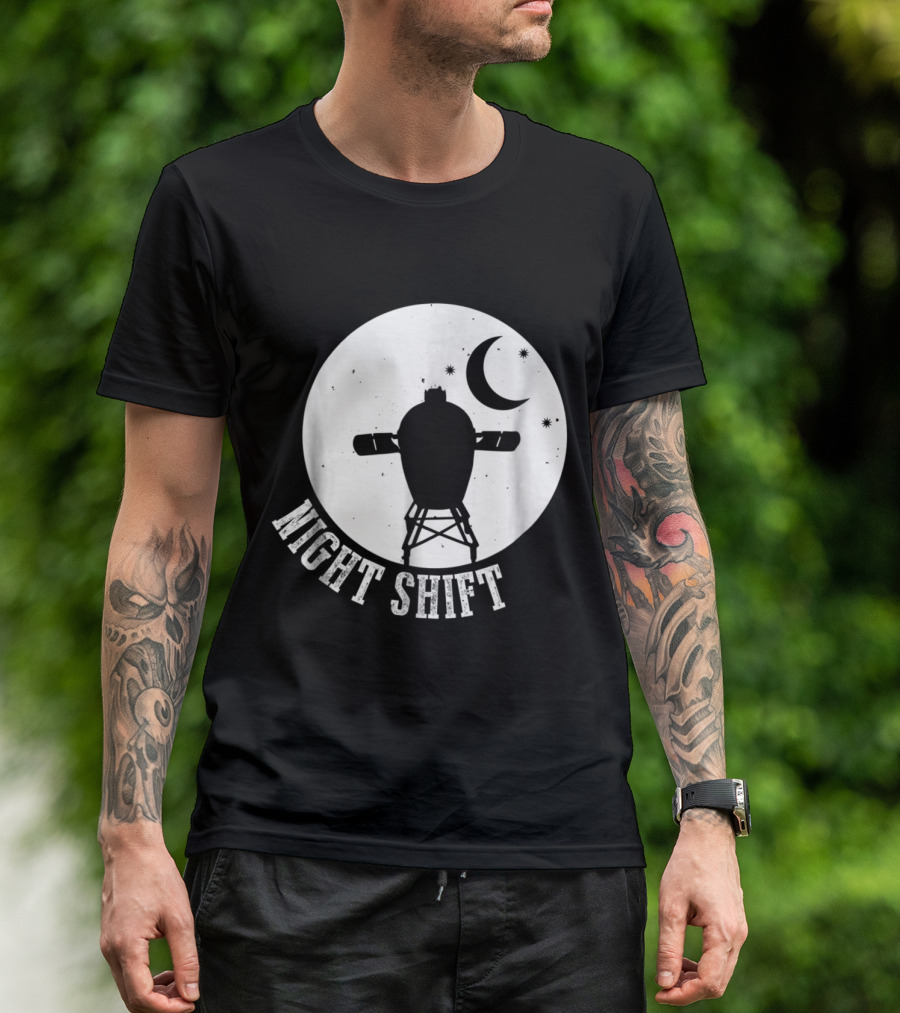 Night Shift BBQ Smoker Grilling Under Moon And Stars T-Shirt