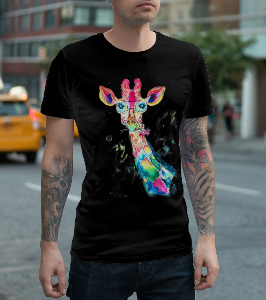Bright Multicolor Watercolor Giraffe Glasses Girl Boy T-Shirt